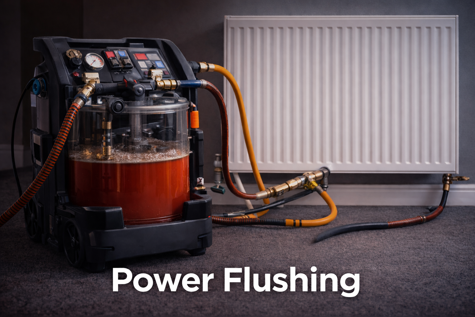 Power flushing machine connected to a radiator, cleaning a central heating system