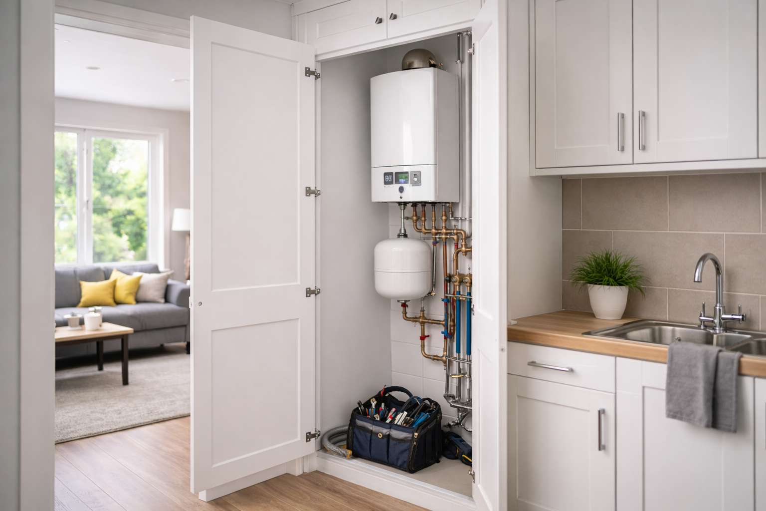 Hidden wall-mounted boiler installed inside a kitchen cupboard as part of a modern central heating system