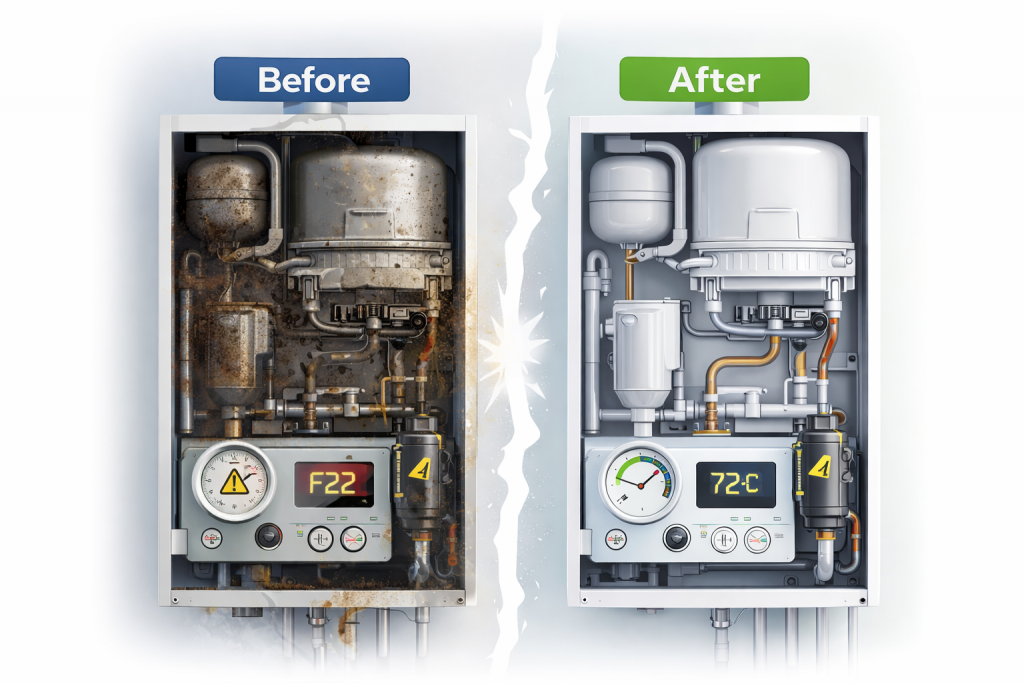 Before and after boiler service showing improved performance, cleanliness, and efficiency after professional maintenance