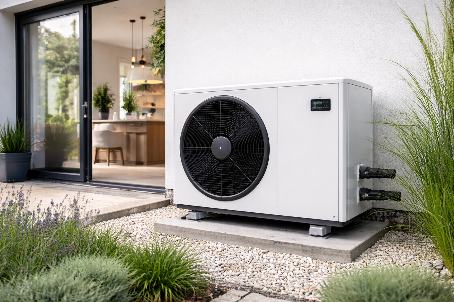 Air source heat pump installed outside a modern home providing energy-efficient heating