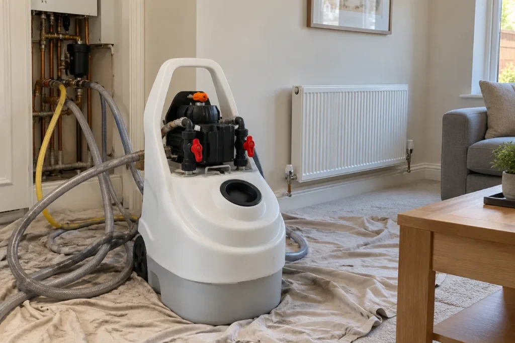 Power flushing machine connected to a central heating system in a living room