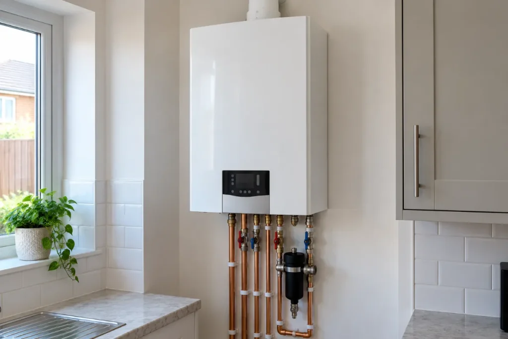 Newly installed white combi boiler with neat copper pipework and a magnetic system filter