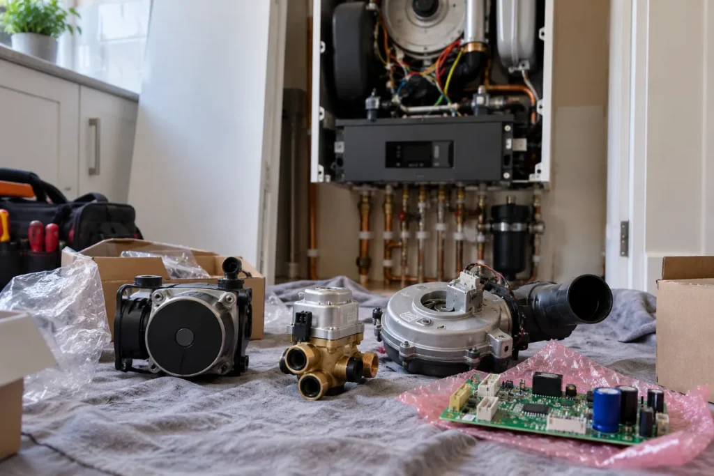 New replacement boiler parts (pump, diverter valve, fan and circuit board) laid out in front of an open boiler