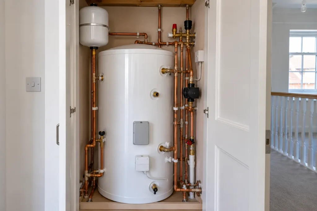Unvented hot water cylinder in an airing cupboard with neat copper pipework