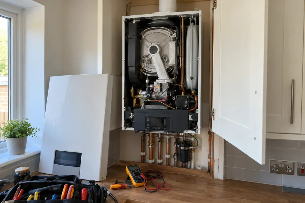 Combi boiler with its front cover off for a breakdown repair, multimeter and tool bag on the worktop