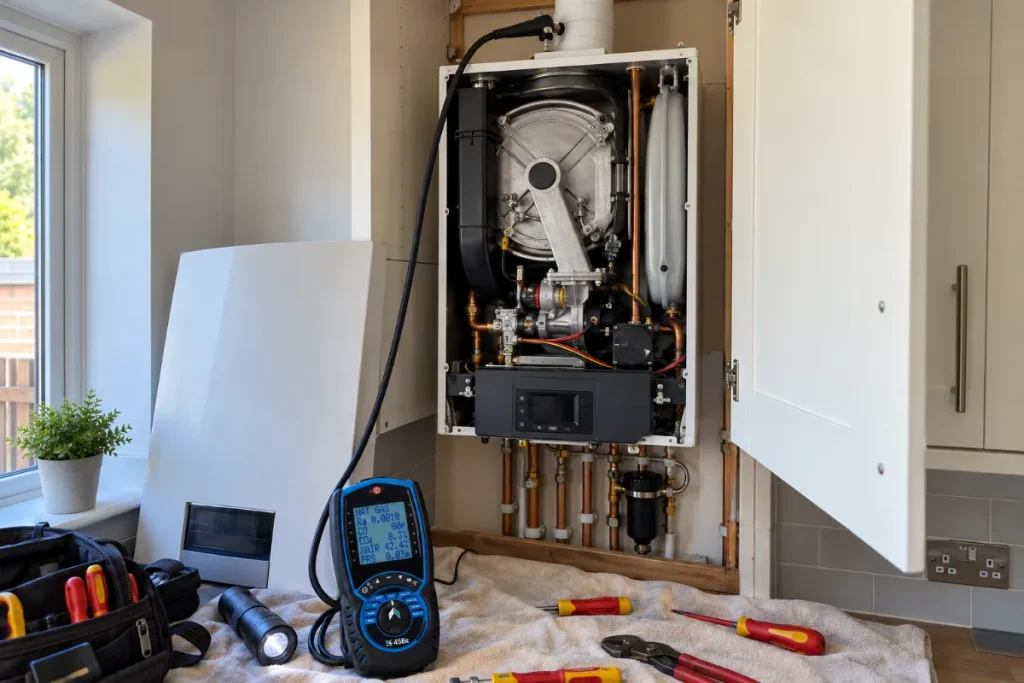 Boiler service in progress with a flue gas analyser connected to the boiler flue
